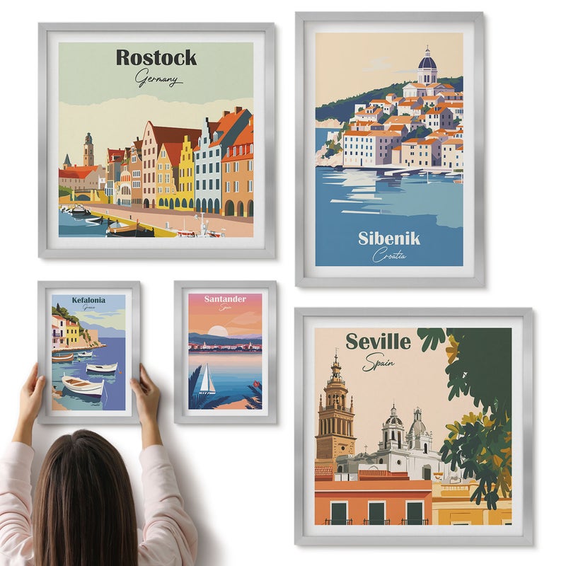 Galeria ścienna 5-częściowy komplet obrazów w srebrnych ramach - Krajobrazy europejskich miast nadmorskich i portowych - ArtPrintCave