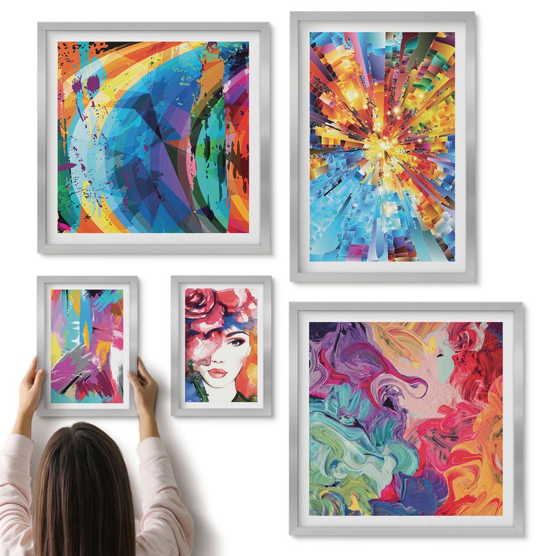 Galeria ścienna 5-częściowy komplet obrazów w srebrnych ramach - Abstrakcyjne kompozycje kolorowe w stylu nowoczesnym - ArtPrintCave