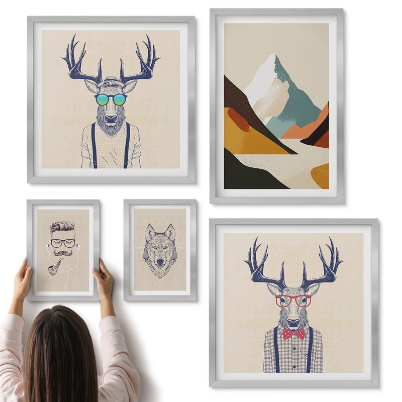 Galeria ścienna 5-częściowy komplet obrazów w srebrnych ramach - Stylowe portrety zwierząt z górskim krajobrazem - ArtPrintCave