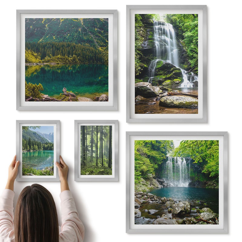 Galeria ścienna 5-częściowy komplet obrazów w srebrnych ramach - Wodospady i leśne krajobrazy w otoczeniu natury - ArtPrintCave