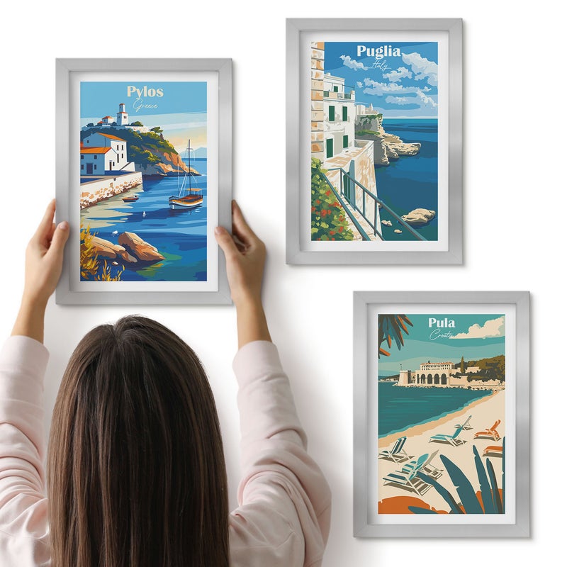 Galeria ścienna 3-częściowy komplet obrazów w srebrnych ramach - Malownicze krajobrazy nadmorskie z turystycznych krajów - ArtPrintCave