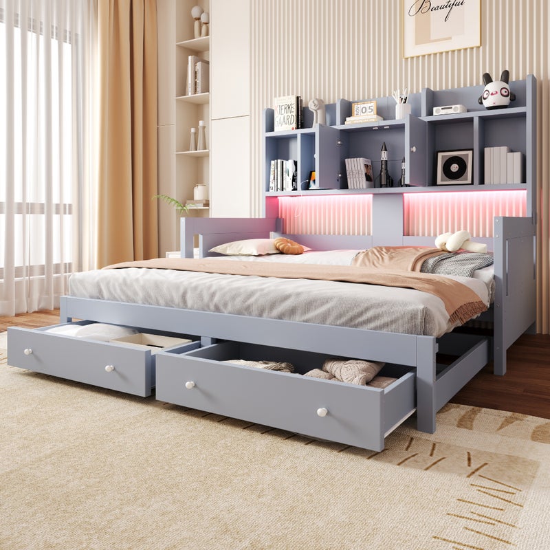 Łóżko wysuwane 90/180 x 190 cm z 2 szufladami, 2 drzwiami i półkami, oświetleniem LED i gniazdkiem elektrycznym – MDF/sklejka – Szare