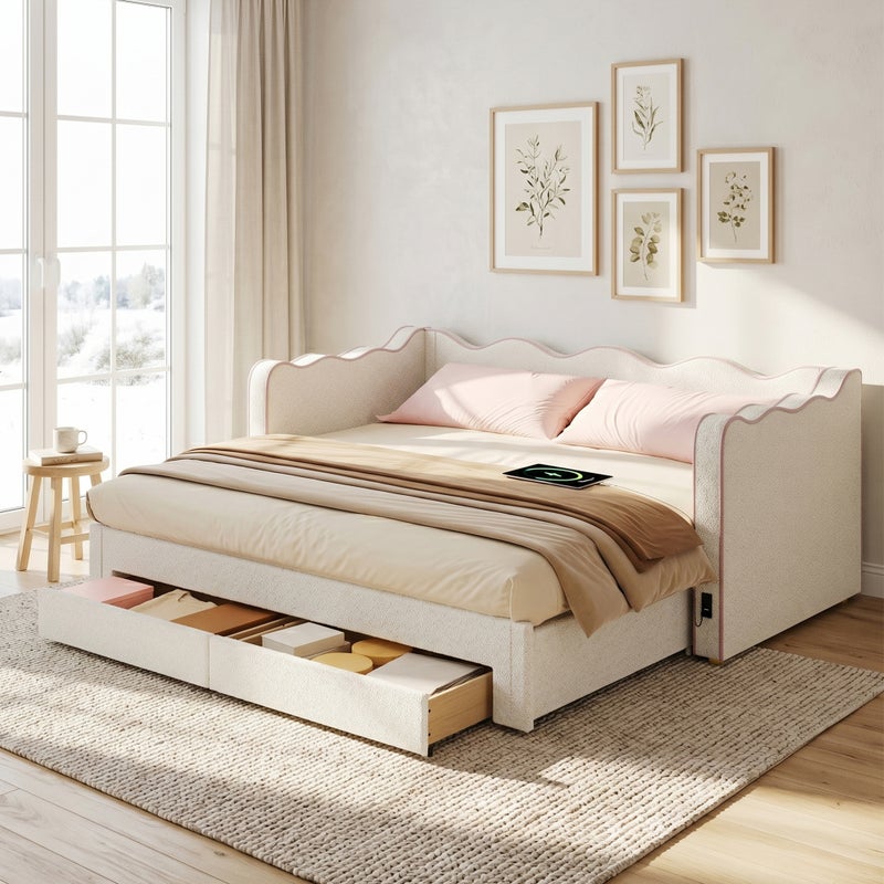 Łóżko wysuwane 90/180 x 200 cm z 2 szufladami, USB/Typ C - Bouclé - 217 x 184,5 x 75 cm - Beżowe (Materac nie jest wliczony w cenę)