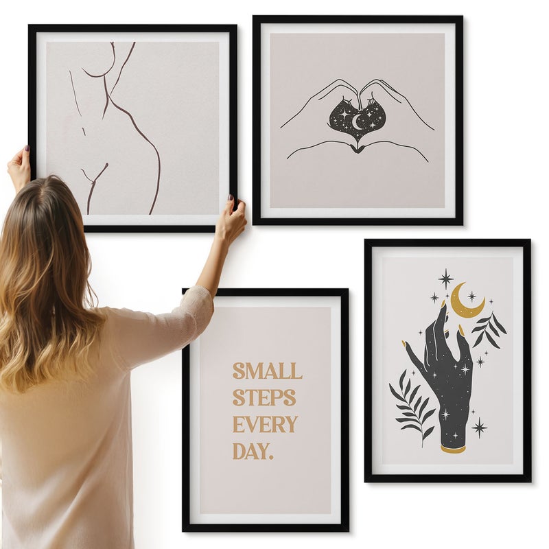 Galeria ścienna 4-częściowy komplet obrazów w czarnych ramach - Minimalistyczne ilustracje inspirujący tekst boho - ArtPrintCave