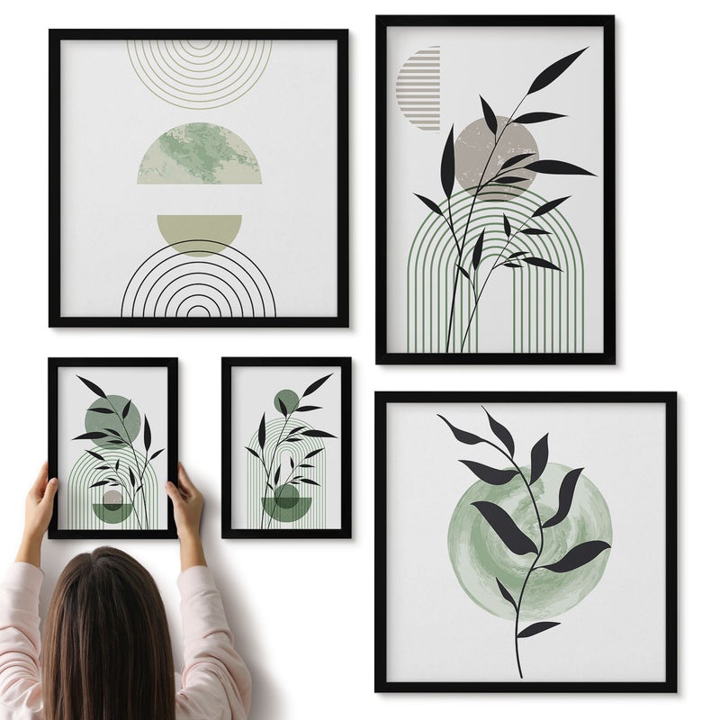 Galeria ścienna 5-częściowy komplet obrazów w czarnych ramach - Stylowe grafiki z roślinnymi motywami i geometrycznymi kształtami - ArtPrintCave