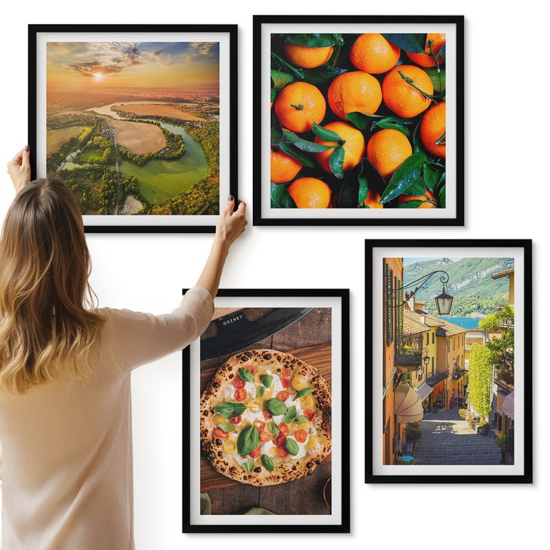 Galeria ścienna 4-częściowy komplet obrazów w czarnych ramach - Włoskie krajobrazy z rzeką wzgórzami i miejską uliczką - ArtPrintCave