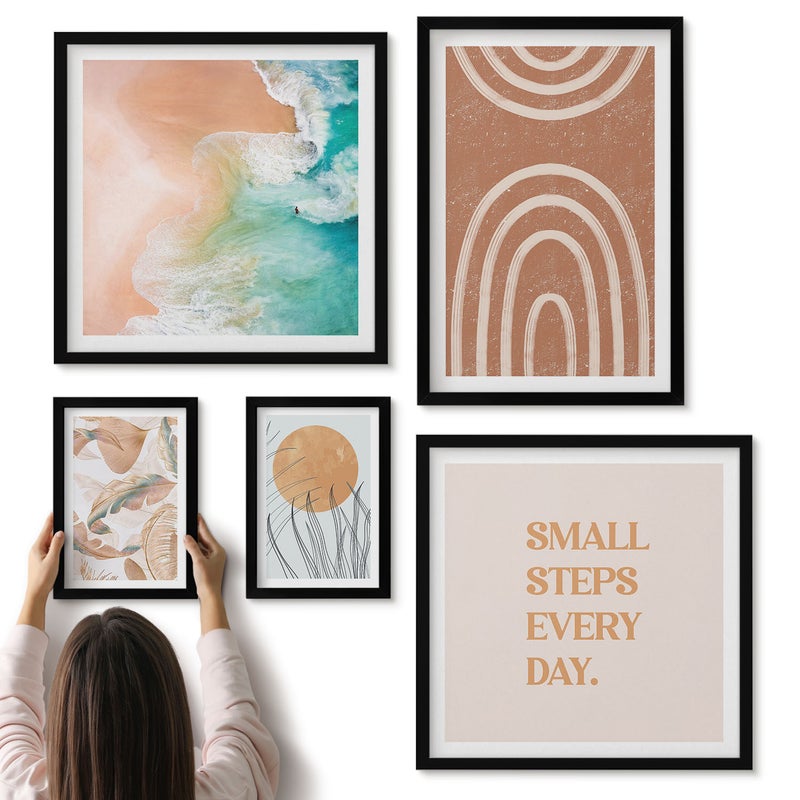Galeria ścienna 5-częściowy komplet obrazów w czarnych ramach - Stylowe dekoracje z motywami roślinnymi i geometrycznymi - ArtPrintCave