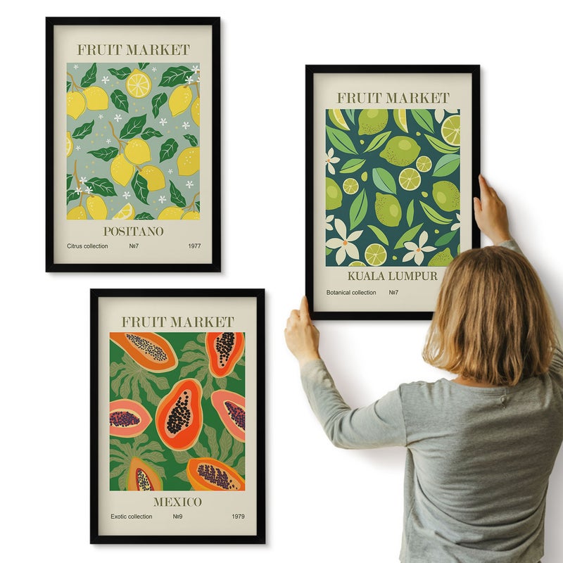 Galeria ścienna 3-częściowy komplet obrazów w czarnych ramach - Owocowe wzory cytryn papai i limonek - ArtPrintCave