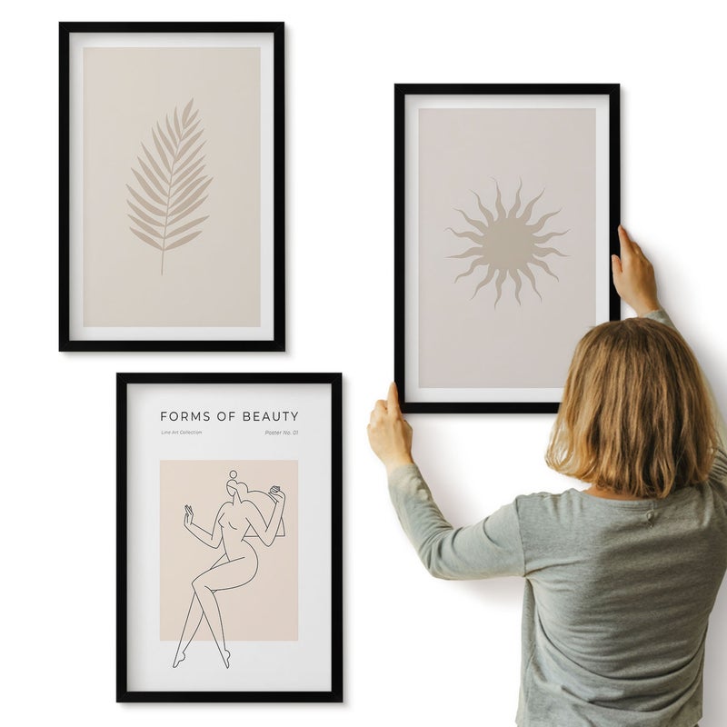 Galeria ścienna 3-częściowy komplet obrazów w czarnych ramach - Kolekcja minimalistycznych form i naturalnych kształtów - ArtPrintCave