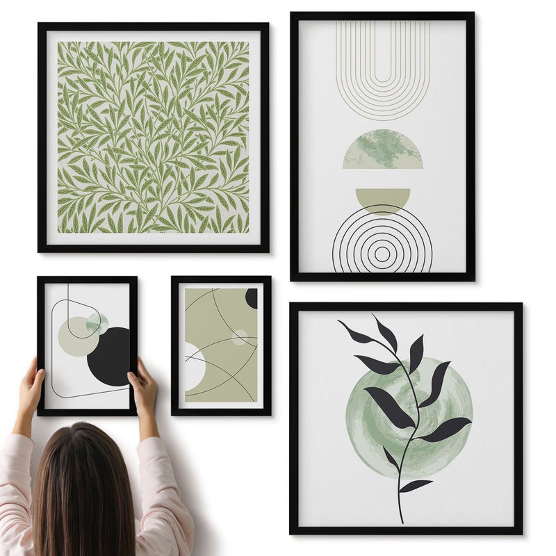 Galeria ścienna 5-częściowy komplet obrazów w czarnych ramach - Abstrakcyjne kompozycje z geometrycznymi kształtami i roślinnością - ArtPrintCave