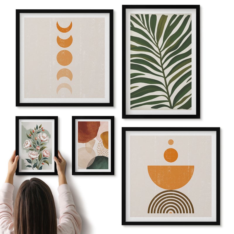 Galeria ścienna 5-częściowy komplet obrazów w czarnych ramach - Roślinne wzory i abstrakcyjne kształty w stylu boho - ArtPrintCave