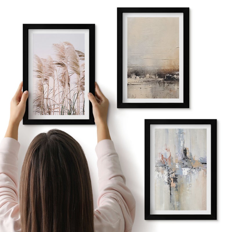 Galeria ścienna 3-częściowy komplet obrazów w czarnych ramach - Roślinność naturalna abstrakcyjne wzory w stonowanej kolorystyce - ArtPrintCave