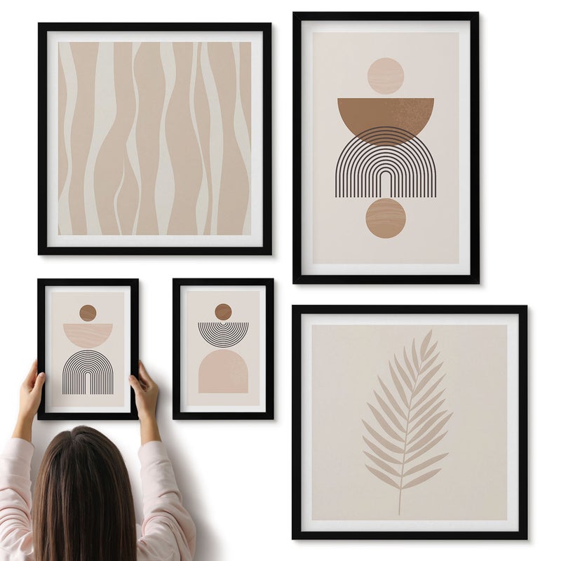 Galeria ścienna 5-częściowy komplet obrazów w czarnych ramach - Abstrakcyjne formy geometryczne w odcieniach natury - ArtPrintCave