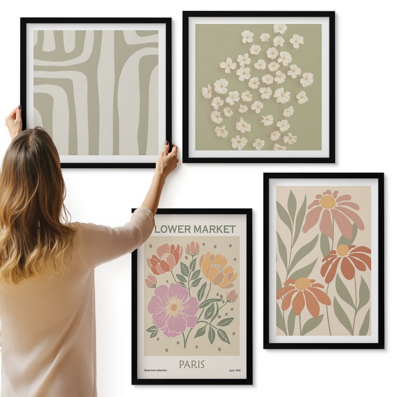 Galeria ścienna 4-częściowy komplet obrazów w czarnych ramach - Motywy botaniczne poster Paris minimalizm - ArtPrintCave