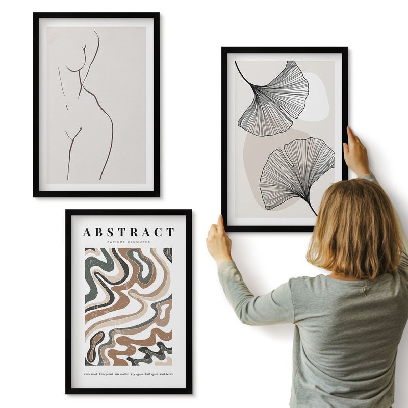 Galeria ścienna 3-częściowy komplet obrazów w czarnych ramach - Abstrakcyjny poster kobiece kształty liście styl boho - ArtPrintCave