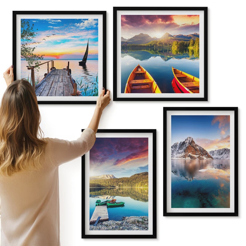 Galeria ścienna 4-częściowy komplet obrazów w czarnych ramach - Spokojne jeziora z górskim krajobrazem i łodzią - ArtPrintCave