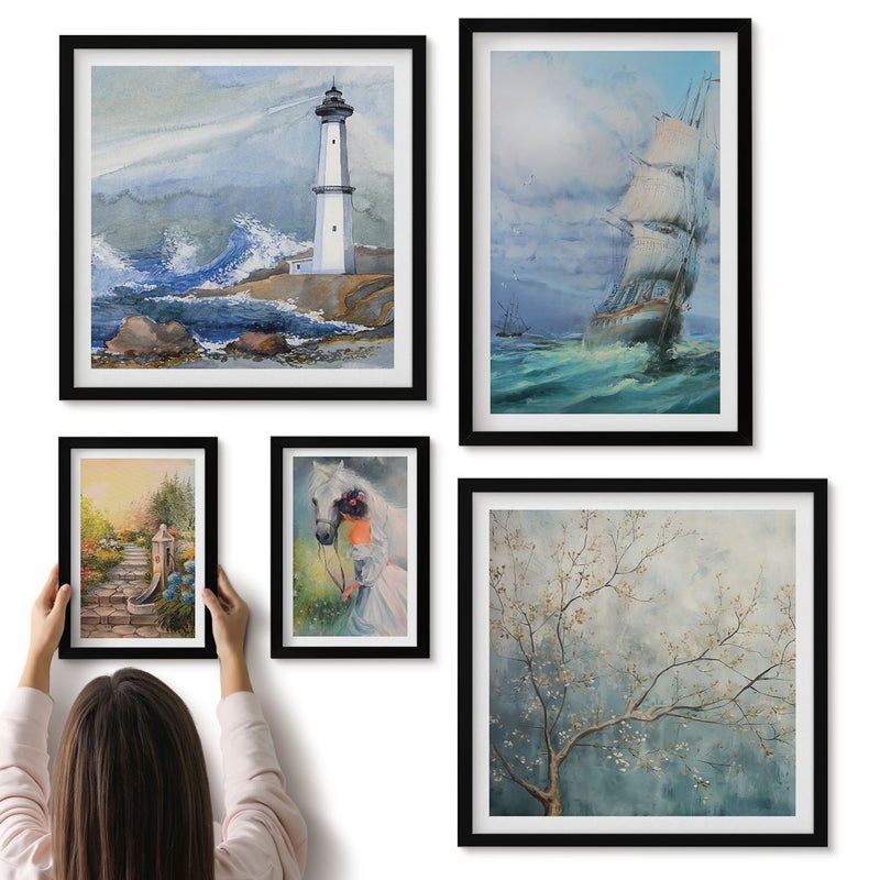 Galeria ścienna 5-częściowy komplet obrazów w czarnych ramach - Morskie przygody i romantyczne pejzaże natury - ArtPrintCave