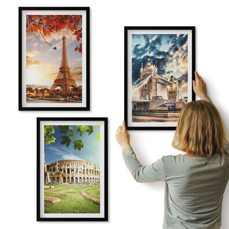 Galeria ścienna 3-częściowy komplet obrazów w czarnych ramach - Zabytki Europy w ciepłych kolorach krajobrazu - ArtPrintCave