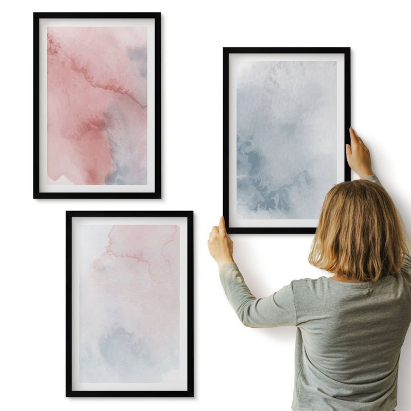 Galeria ścienna 3-częściowy komplet obrazów w czarnych ramach - Pastelowe akwarele na płótnie kolorowe tekstury - ArtPrintCave