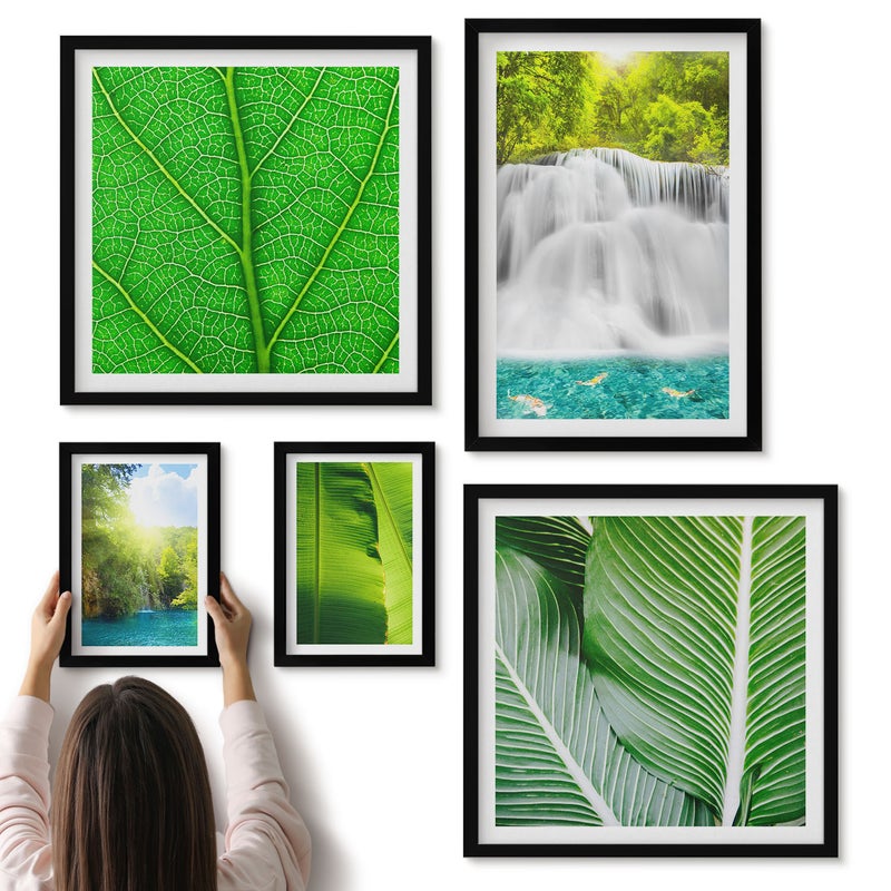 Galeria ścienna 5-częściowy komplet obrazów w czarnych ramach - Tropikalne krajobrazy wodospadów i liści palmowych - ArtPrintCave