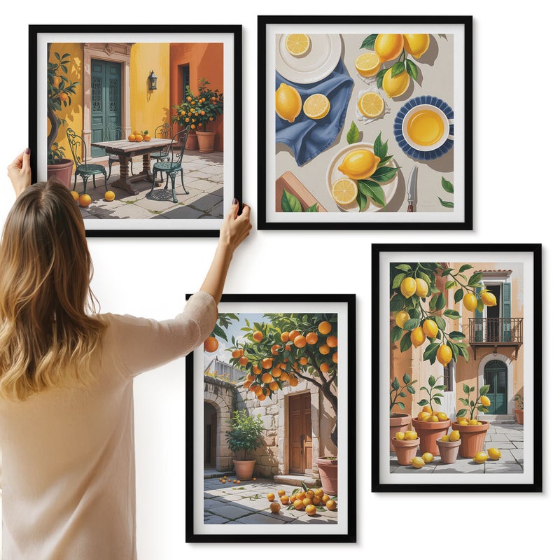 Galeria ścienna 4-częściowy komplet obrazów w czarnych ramach - Owoce cytrusowe w słonecznej scenerii ogrodowej - ArtPrintCave