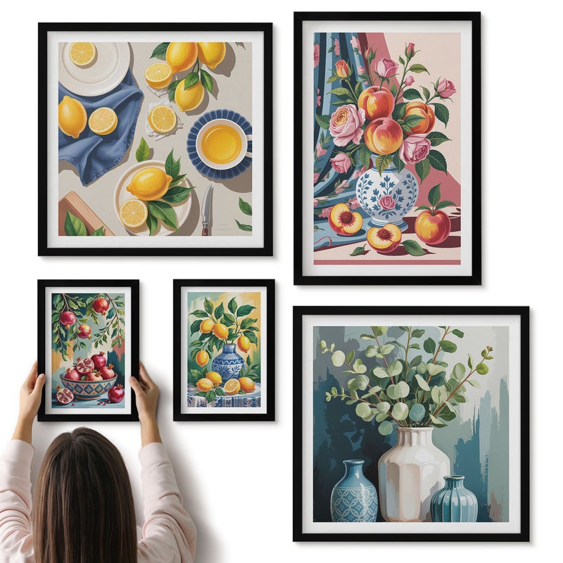 Galeria ścienna 5-częściowy komplet obrazów w czarnych ramach - Kwiatowe i owocowe kompozycje w stylu vintage - ArtPrintCave
