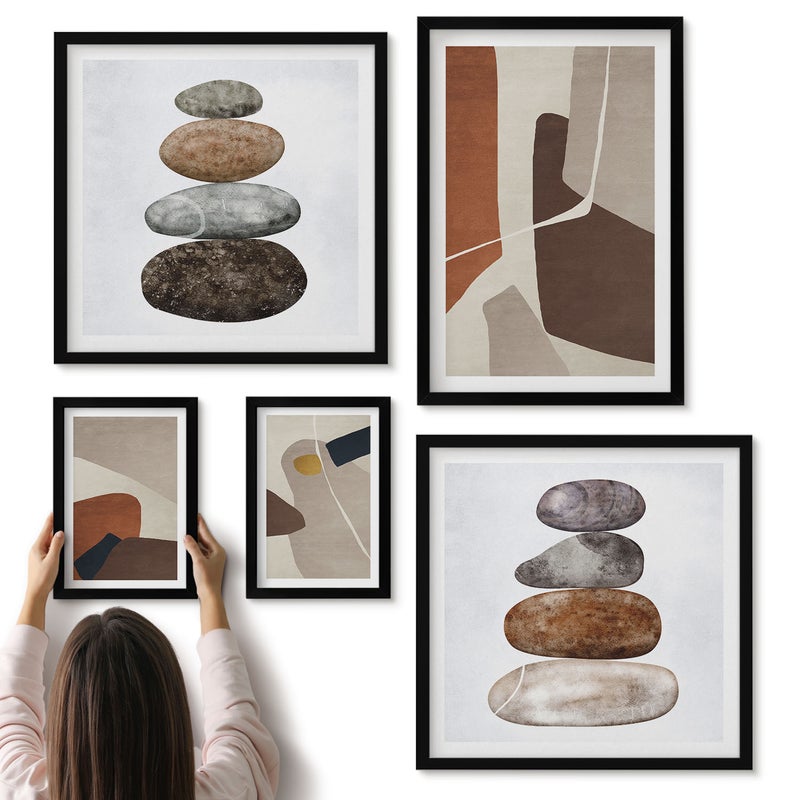 Galeria ścienna 5-częściowy komplet obrazów w czarnych ramach - Abstrakcyjne malarstwo boho kształty w nowoczesnym stylu - ArtPrintCave