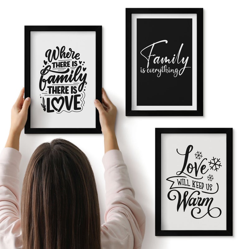 Galeria ścienna 3-częściowy komplet obrazów w czarnych ramach - Rodzina miłość ciepło domowe napisy inspirujące - ArtPrintCave