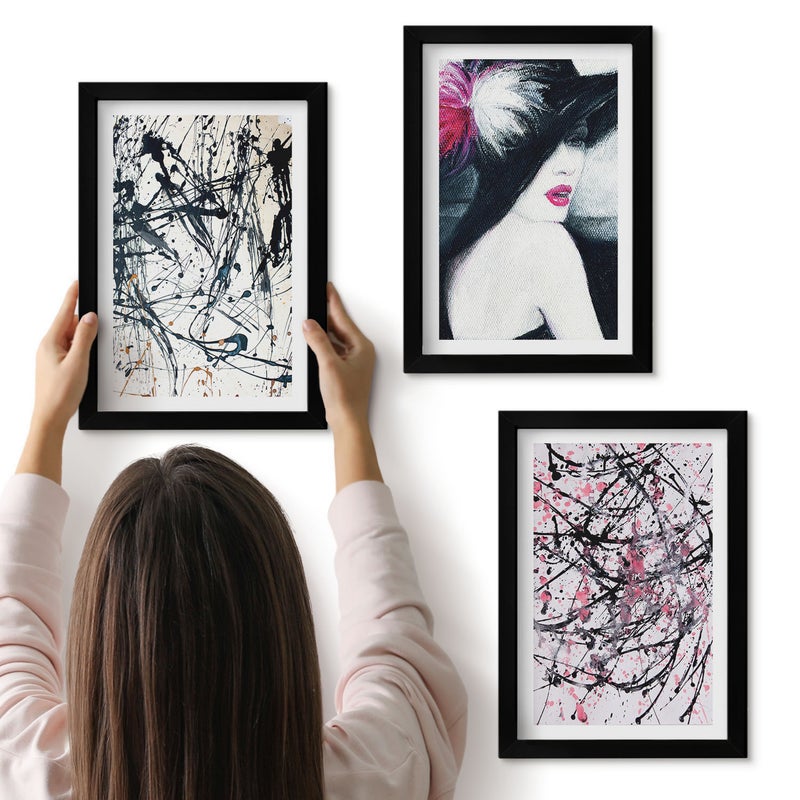 Galeria ścienna 3-częściowy komplet obrazów w czarnych ramach - Abstrakcyjne wzory farb kobieta w kapeluszu - ArtPrintCave
