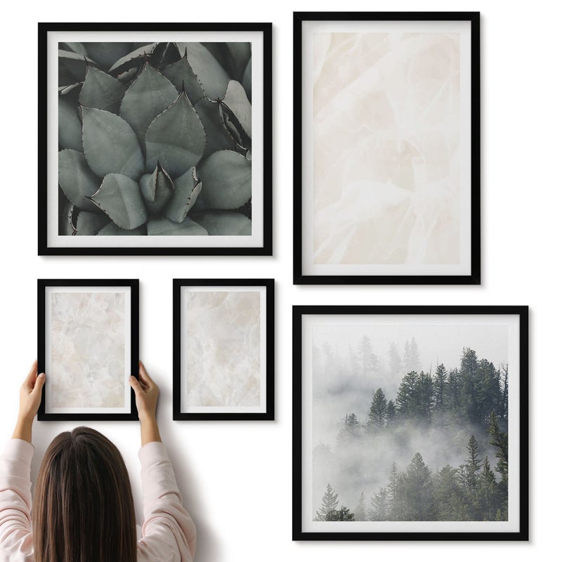 Galeria ścienna 5-częściowy komplet obrazów w czarnych ramach - Kamienne pastelowe struktury białego marmuru - ArtPrintCave