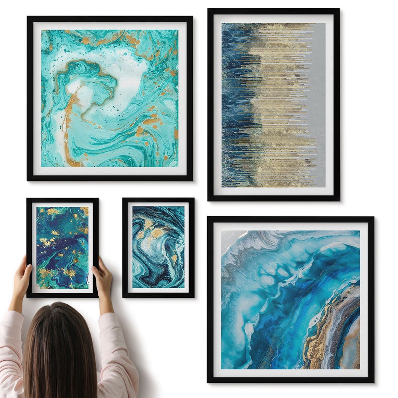Galeria ścienna 5-częściowy komplet obrazów w czarnych ramach - Abstrakcyjne kompozycje w odcieniach niebieskiego i zieleni - ArtPrintCave