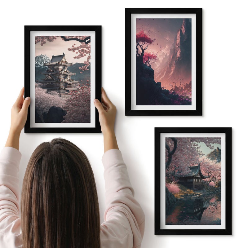 Galeria ścienna 3-częściowy komplet obrazów w czarnych ramach - Krajobrazy fantasy Japonii górskie pejzaże - ArtPrintCave