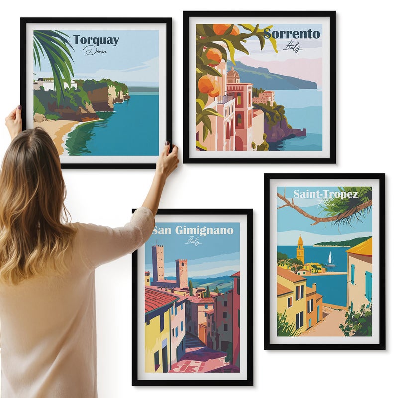 Galeria ścienna 4-częściowy komplet obrazów w czarnych ramach - Włoskie miasteczka i nadmorskie krajobrazy retro - ArtPrintCave
