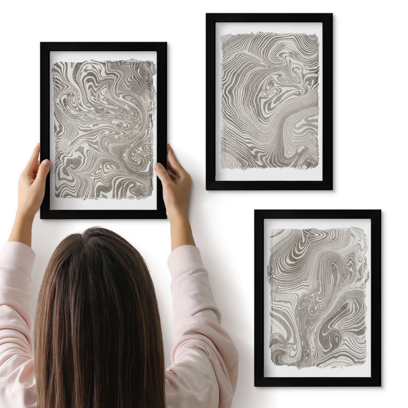 Galeria ścienna 3-częściowy komplet obrazów w czarnych ramach - Nowoczesne kształty malarstwo abstrakcyjne - ArtPrintCave