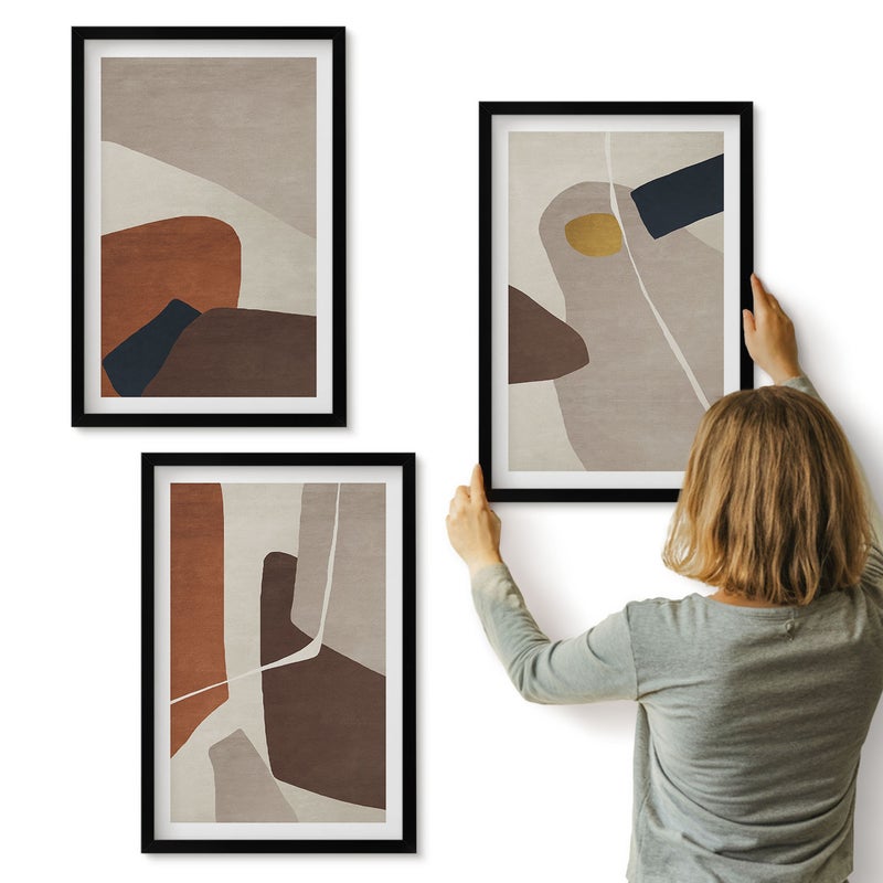Galeria ścienna 3-częściowy komplet obrazów w czarnych ramach - Abstrakcyjne malarstwo boho kształty w nowoczesnym stylu - ArtPrintCave