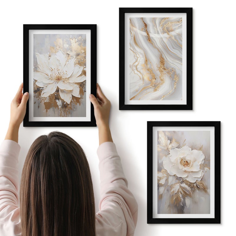 Galeria ścienna 3-częściowy komplet obrazów w czarnych ramach - Kwiaty i abstrakcyjny wzór marmuru - ArtPrintCave