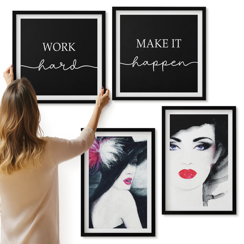 Galeria ścienna 4-częściowy komplet obrazów w czarnych ramach - Malowane portrety kobiet z wyrazistymi ustami - ArtPrintCave
