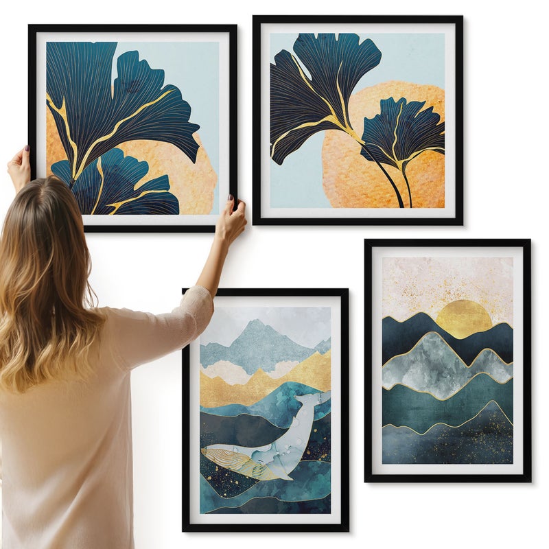 Galeria ścienna 4-częściowy komplet obrazów w czarnych ramach - Abstrakcyjne estetyczne widoki z górami i roślinami - ArtPrintCave