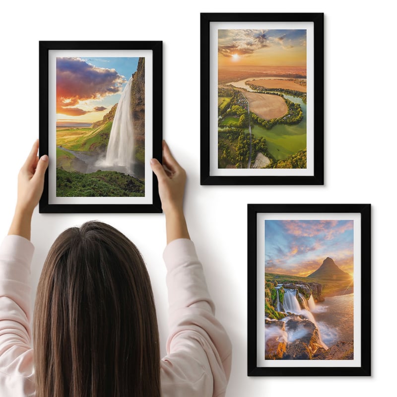 Galeria ścienna 3-częściowy komplet obrazów w czarnych ramach - Wodospady krajobrazy górskie i rzeki o zachodzie słońca - ArtPrintCave