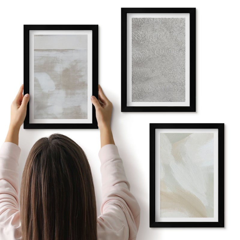 Galeria ścienna 3-częściowy komplet obrazów w czarnych ramach - Abstrakcja w designie nowoczesne tekstury malarskie - ArtPrintCave