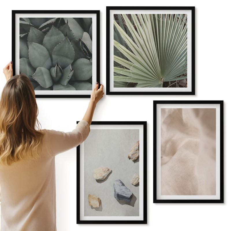 Galeria ścienna 4-częściowy komplet obrazów w czarnych ramach - Kamienie drewno tkanina różne tekstury - ArtPrintCave