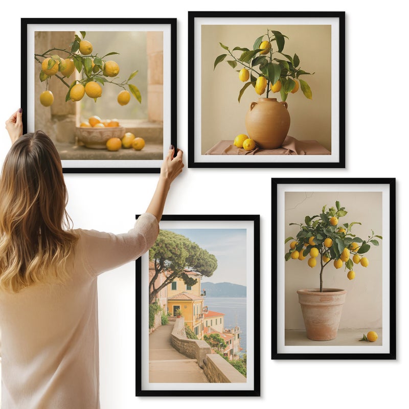 Galeria ścienna 4-częściowy komplet obrazów w czarnych ramach - Cytrynowe drzewka w donicach i na oknie - ArtPrintCave