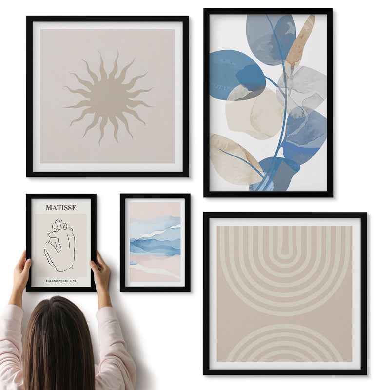 Galeria ścienna 5-częściowy komplet obrazów w czarnych ramach - Stylowe abstrakcyjne kompozycje z roślinnymi akcentami - ArtPrintCave