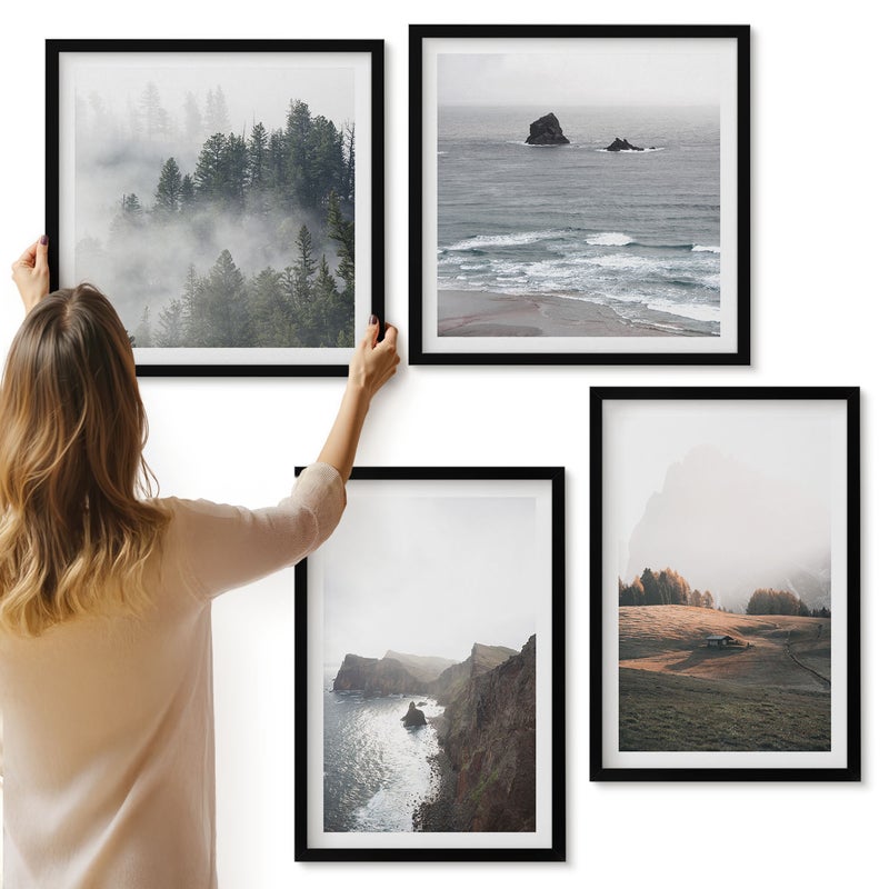 Galeria ścienna 4-częściowy komplet obrazów w czarnych ramach - Krajobrazy górskie i morskie z chmurami i lasami - ArtPrintCave