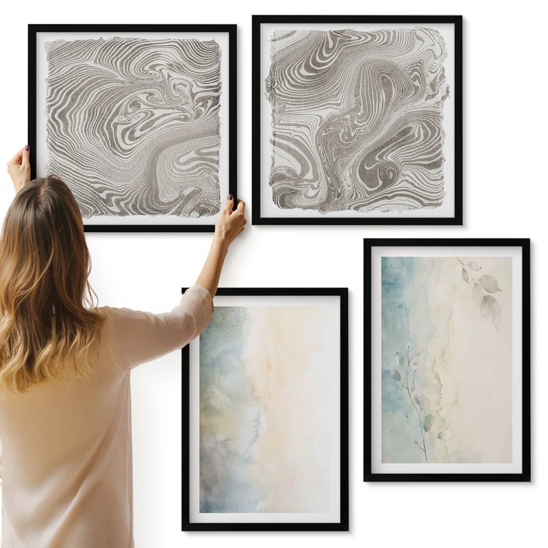 Galeria ścienna 4-częściowy komplet obrazów w czarnych ramach - Delikatne tektury farb akwarelowych - ArtPrintCave