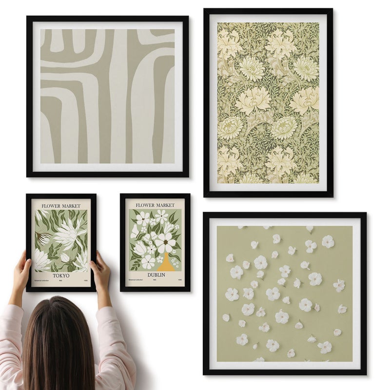 Galeria ścienna 5-częściowy komplet obrazów w czarnych ramach - Roślinne motywy w stylu boho z kwiatowymi akcentami - ArtPrintCave