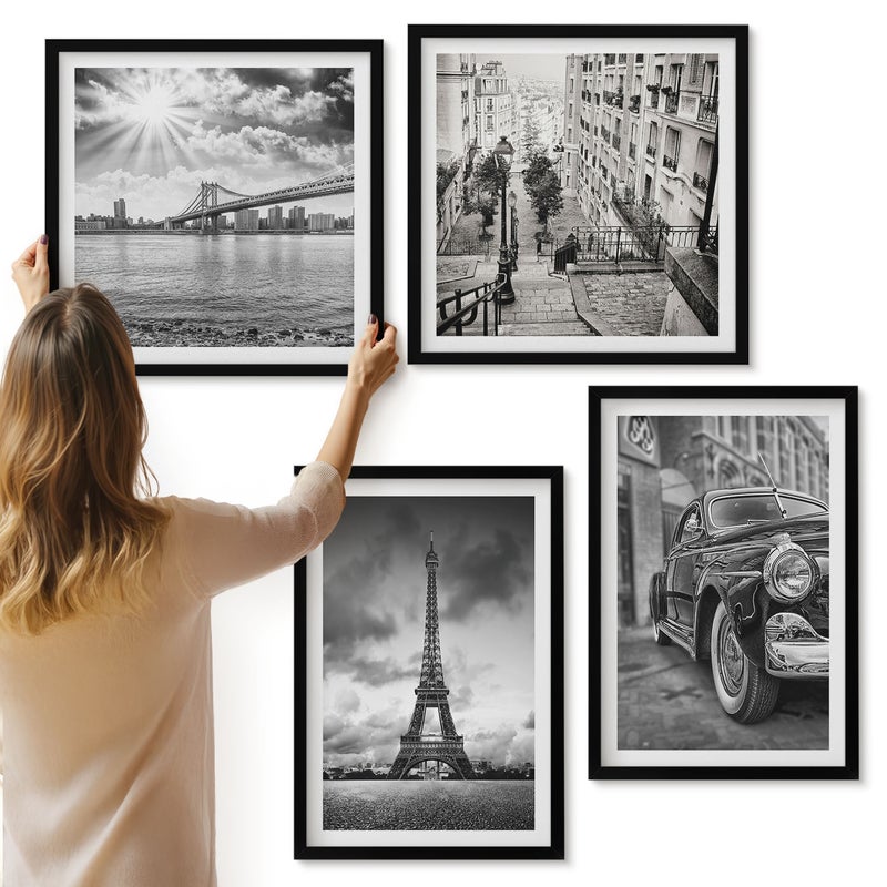 Galeria ścienna 4-częściowy komplet obrazów w czarnych ramach - Widoki miasta mosty wieża Eiffla klasyczne auto - ArtPrintCave