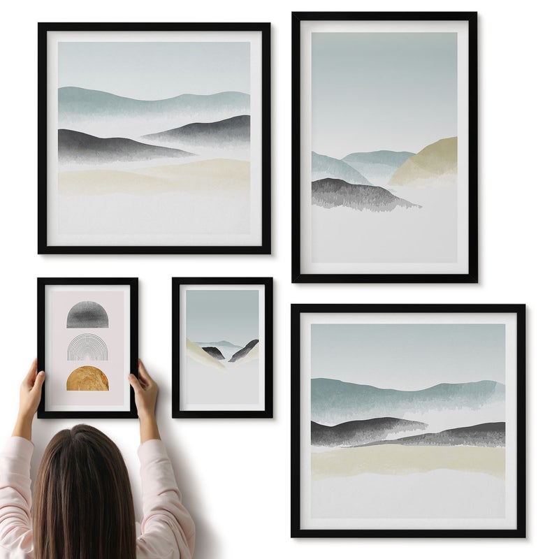 Galeria ścienna 5-częściowy komplet obrazów w czarnych ramach - Abstrakcyjne pejzaże w delikatnych odcieniach natury - ArtPrintCave