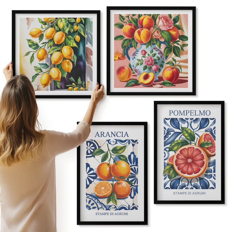 Galeria ścienna 4-częściowy komplet obrazów w czarnych ramach - Cytrusy w stylu włoskim modne postery - ArtPrintCave