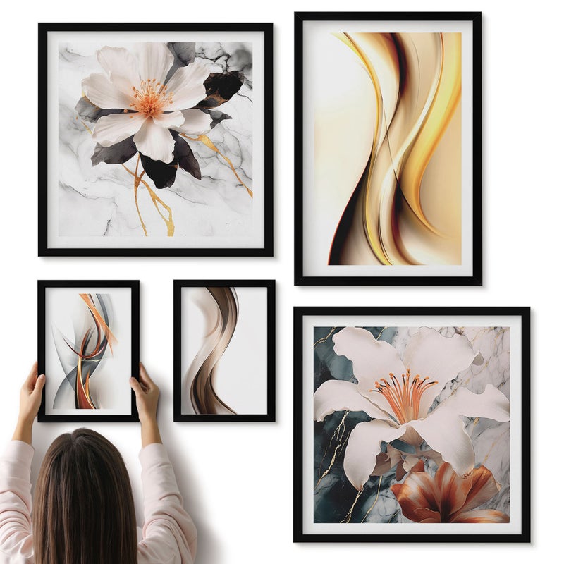 Galeria ścienna 5-częściowy komplet obrazów w czarnych ramach - Stylowe abstrakcyjne kompozycje z kwiatowymi motywami - ArtPrintCave